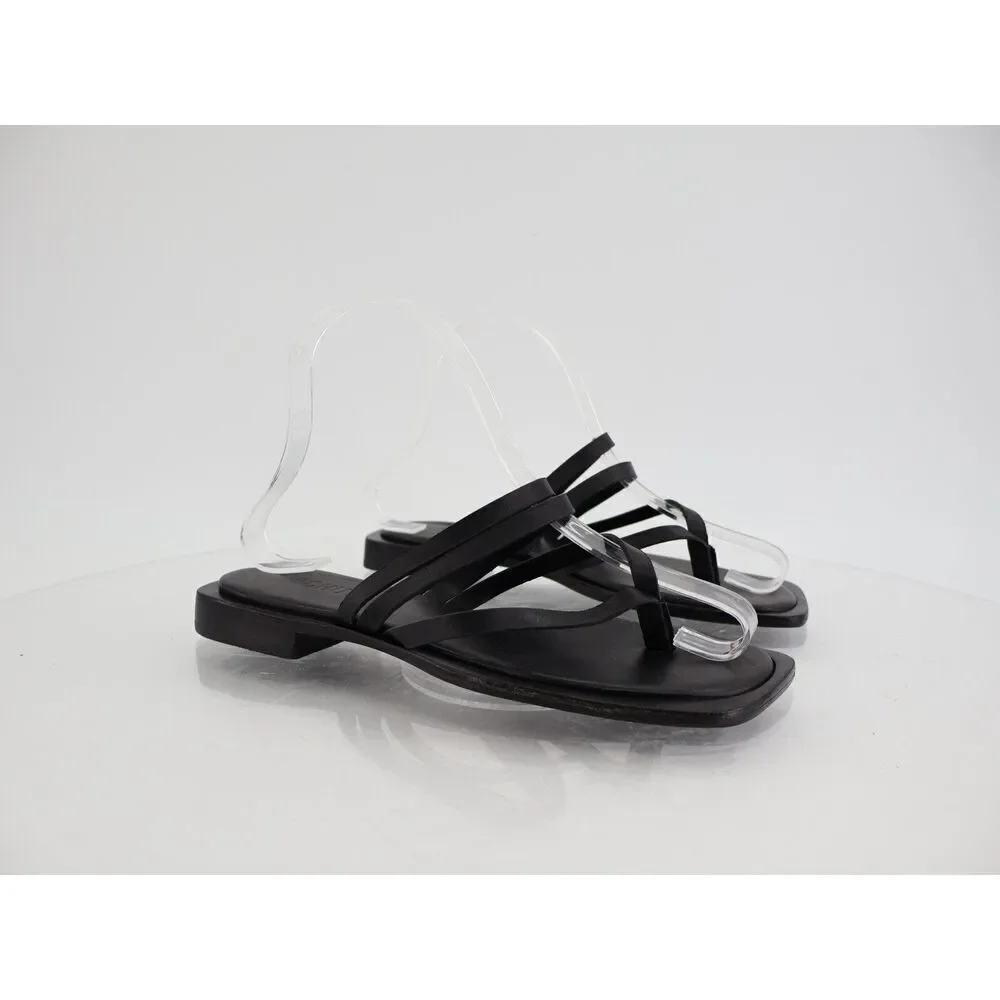 Schutz Rania Flat Sandals Womens Size 5.5 Black Leather Strappy Thong Slide
